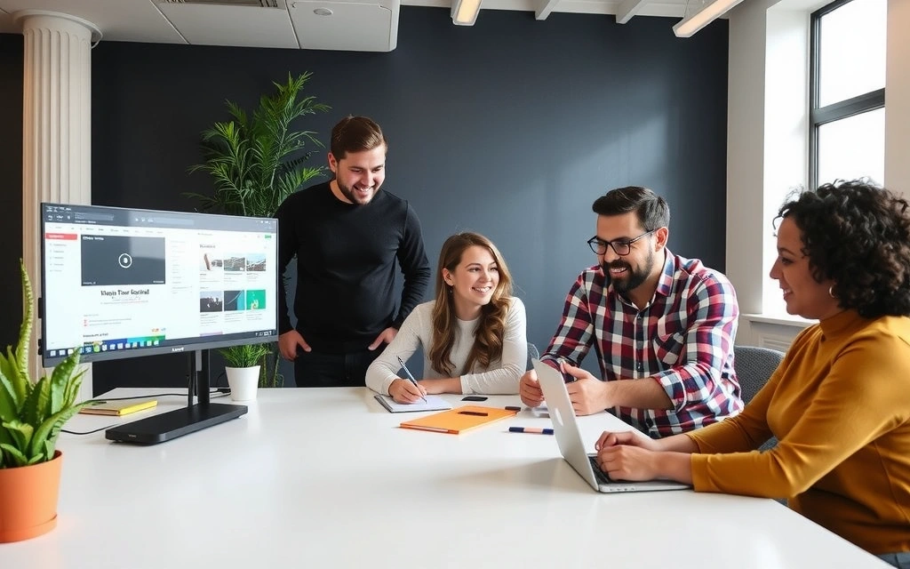 Echipa DesignOwl colaborează într-un birou modern și luminos, simbolizând creativitate și inovație.