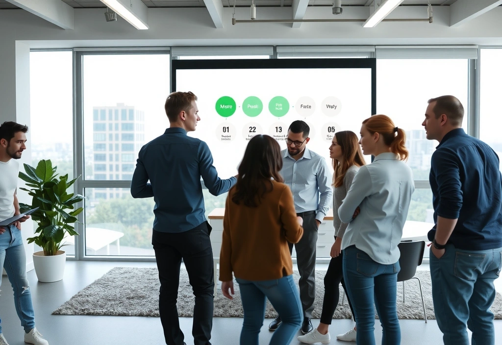 O echipă modernă de dezvoltatori web colaborând într-un birou luminos, discutând idei.