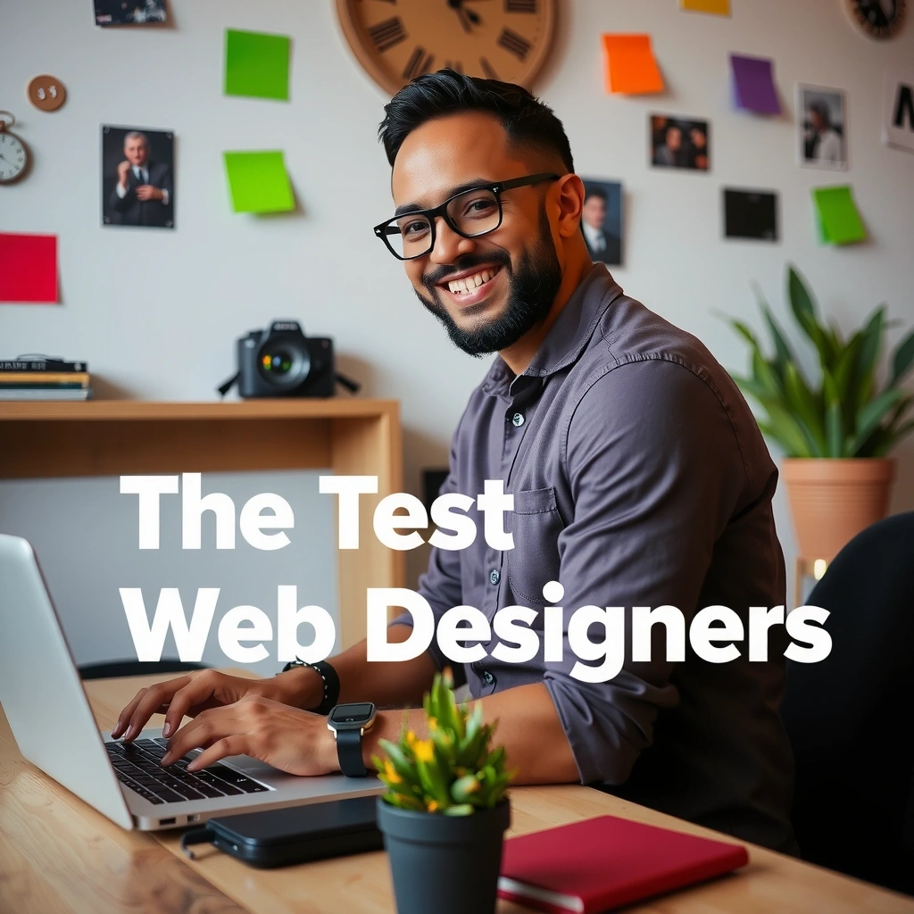 Un designer web zâmbitor, lucrând pe un laptop într-un mediu creativ.