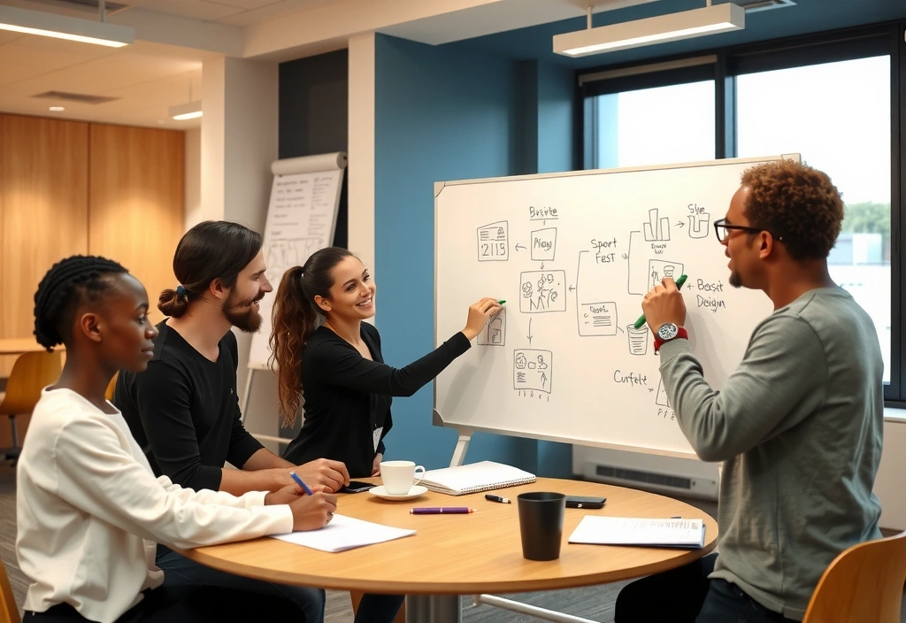 Echipa discutând conceptul de design pe o tablă albă