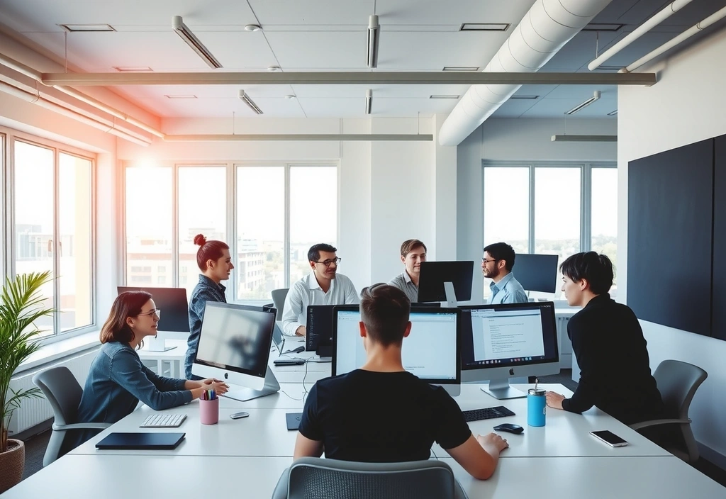 Echipa DesignOwl lucrând într-un birou modern și luminos