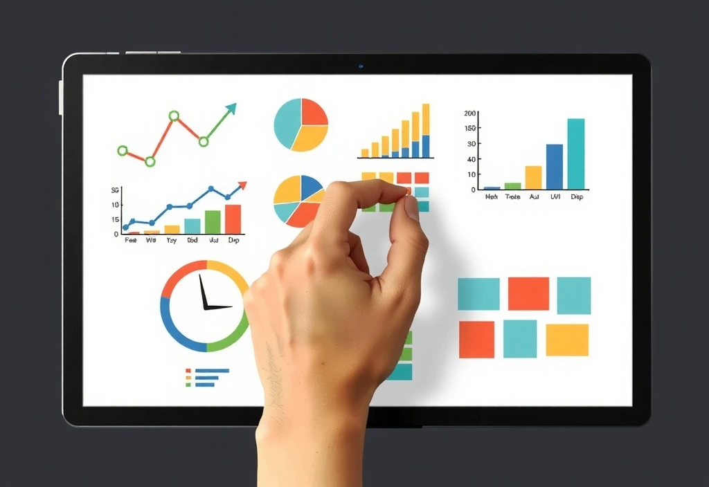 Mână care scrie pe o tabletă cu diagrame și grafice