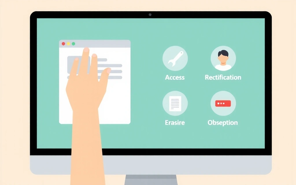 Ilustrație cu o persoană care navighează pe o interfață digitală, cu pictograme reprezentând drepturile utilizatorilor: acces, rectificare, ștergere