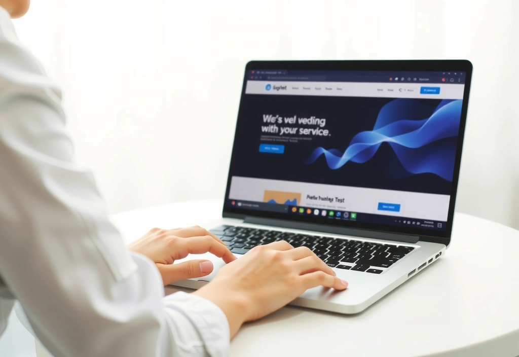 O persoană care navighează pe un laptop, cu interfața de utilizator a unui site web vizibilă pe ecran, reprezentând utilizarea serviciilor online.